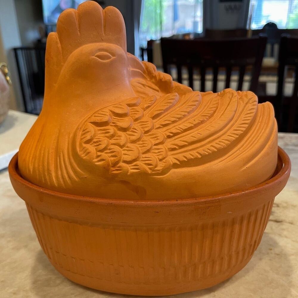 Chicken on a nest terracotta pottery egg keeper or baker roaster tureen